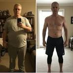 Before and after photo of a man left shows him wearing a beige shirt taking a mirror selfie right shows him shirtless in black shorts illustrating weight loss progress